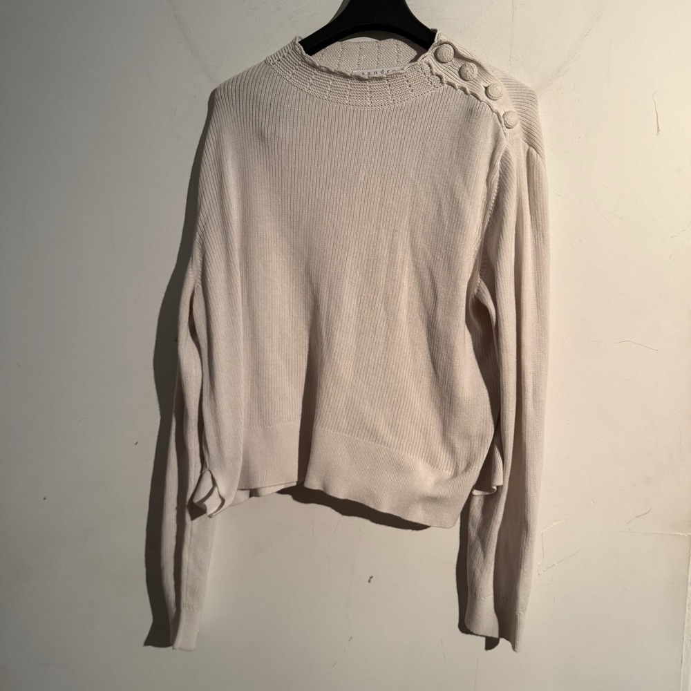 Sandro Paris Women's Ribbed Knit Sweater Cream Ecru Side Button Shoulder Size M